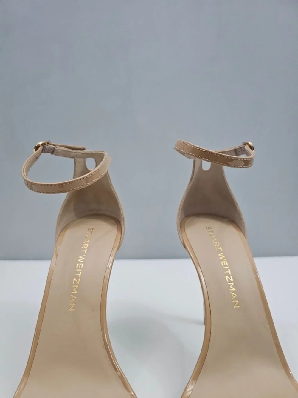 Stuart Weitzman Nudist Platform Heel Sandal Womens 9 Adobe Tan Patent Leather